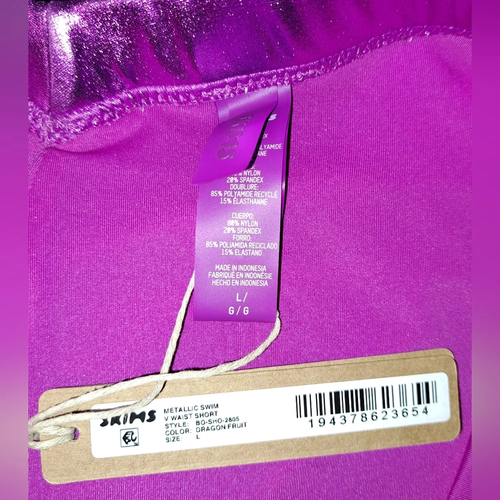 NWT SKIMS 3 Pc SET Metallic Swim Tie Bottoms Bikini Top Shorts DRAGONFRUIT L XL